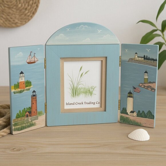 Island Creek Trading Co. Lighthouse Coastal Fold-Out Wooden Picture Frame – Naut - Picture 7 of 7